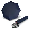A dark blue umbrella is shown open, and its case is shown next to it. Produktbild-Vorschau