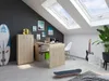 A modern attic room with a desk, storage, and recreational items. Náhľad obrázku produktu