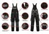 A collage of images showing different features of a pair of black and gray overalls. Produktbild-Vorschau