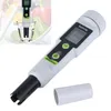 A digital salinity tester pen is shown in isolation, with a protective cap nearby. A smaller inset image shows the tester being used in a glass of water. Podgląd zdjęcia produktu