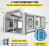 An illustration of an inflatable spray booth with arrows indicating airflow and text highlighting its filtration system. Náhľad obrázku produktu