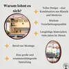 A collage of images and text highlighting the features of a wooden framed mirror. Produktbild-Vorschau