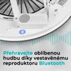 Close-up view of the underside of a ceiling fan with a built-in Bluetooth speaker and a prominent Bluetooth logo. Text overlays describe its features. Náhled obrázku produktu