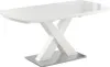 A white dining table with a modern X-shaped base and a silver metal plate at the bottom, shown against a white background.