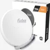 A white satellite dish is shown in front of its packaging. Produktbild-Vorschau