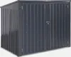 A dark gray metal trash can enclosure with double doors and a sloped roof, shown from a front-facing angle against a white background. Anteprima dell’immagine prodotto