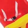 A close-up view of a red and yellow baby swing seat with a white safety strap and black buckle. Produktbild-Vorschau