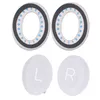 A pair of white ear pads with blue polka dots and a gray outer rim, and two smaller white circular pads with 'L' and 'R' printed on them. Anteprima dell’immagine prodotto