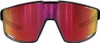 A pair of sports sunglasses with a black frame and red, yellow, pink, and purple lenses. Voir les images du produit