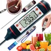 A collage of digital thermometers with various food and drinks. One thermometer is shown in a bowl of chocolate, another is being held to measure the temperature of juice, and there is a display of fruits and juices. Podgląd zdjęcia produktu