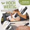 A man relaxing in a hammock with a stand, with text overlays highlighting product features. Produktbild-Vorschau