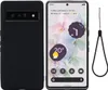 A black phone case is shown next to a smartphone displaying a lock screen with weather and calendar information. Produktbild-Vorschau