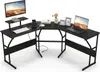 A black L-shaped desk with a monitor, laptop, keyboard, and decorative items. Anteprima dell’immagine prodotto