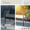 A split image showing a rattan chair in the rain on the left and in sunlight on the right, with text and icons highlighting product features. Náhled obrázku produktu