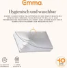 A pillow is shown with marketing text and icons. Produktbild-Vorschau