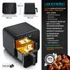 A marketing image of a black dual-zone air fryer with text and diagrams highlighting its features and specifications. Produktbild-Vorschau
