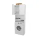 A white washing machine cabinet with two doors on top and open shelves below, with a washing machine integrated into the bottom section. Two cardboard boxes are stacked on top of the cabinet. Produktbild-Vorschau