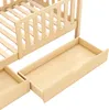 A close-up view of a wooden bed frame with two open drawers underneath. Voir les images du produit