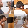 A collage of four images showing different people using a 3-way folding mirror for grooming and makeup. Podgląd zdjęcia produktu