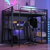 A loft bed with a desk and shelves, set up in a room with gaming-themed decor and lighting. Podgląd zdjęcia produktu