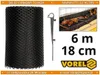 A product image showing a roll of black mesh netting, a stake with a clip, and a close-up of the netting installed in a gutter with leaves. Podgląd zdjęcia produktu