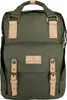 A front view of a green backpack with tan leather accents.