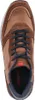 A top-down view of a brown leather sneaker with blue laces. Produktbild-Vorschau
