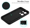 A black phone case interior with a close-up of the microfiber lining and a diagram showing the 3-layer construction. Náhled obrázku produktu