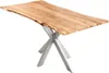 A wooden dining table with a live edge top and a silver spider-leg base, isolated on a white background. Produktbild-Vorschau