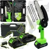 A collage of images showcasing a cordless chainsaw kit and its accessories, including batteries, charger, safety glasses, gloves, and extra chains. Produktbild-Vorschau