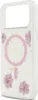A clear, studio shot of a phone case with pink flowers and gold glitter embedded in clear resin. Podgląd zdjęcia produktu
