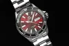 A close-up shot of an Orient Mako III watch with a red dial and a stainless steel bracelet, set against a black background. Produktbild-Vorschau