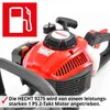 Close-up of a red and black gasoline-powered hedge trimmer with a fuel pump icon in the upper left corner. Produktbild-Vorschau