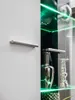 A close-up view of a modern display cabinet with shelves and decorative items, illuminated by green LED lights. Produktbild-Vorschau