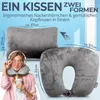 A woman wearing a travel pillow and headphones, with two different forms of a travel pillow shown. Produktbild-Vorschau