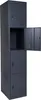 A tall, dark gray metal locker with three compartments. The top compartment is closed, the middle compartment is open revealing an empty space, and the bottom two compartments are closed. One of the doors of the middle compartment is open, showing two smal Produktbild-Vorschau