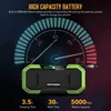 A green and black portable speaker with a digital display and an antenna, shown with a graphic illustrating battery life and capacity. Podgląd zdjęcia produktu