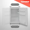 An open white refrigerator with labels pointing to its features. Produktbild-Vorschau