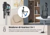 A collage of images showing a vacuum cleaner and its charging station, with text describing its features. Produktbild-Vorschau