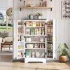 A white kitchen pantry cabinet filled with various food items and kitchenware, set in a well-lit room with a window and sofa visible in the background. Anteprima dell’immagine prodotto