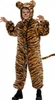 A child wearing a full-body tiger costume with ears and a tail, standing against a white background. Voir les images du produit