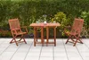 A wooden garden furniture set with two chairs and a table on a paved patio, with a hedge and flowers in the background. Produktbild-Vorschau