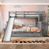 A child's bedroom with a grey bunk bed featuring a slide and stairs with storage drawers. The walls are decorated with a pink and grey cloud mural. A rug with a tiger stripe pattern is on the floor. Produktbild-Vorschau