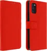 A red flip-cover case for a smartphone is shown from two angles, one open and one closed. Produktbild-Vorschau