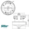 Technical drawing of a vacuum cleaner motor with dimensions and brand logo. Voir les images du produit