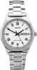 A product shot of a silver and white analog watch with a metal band. Produktbild-Vorschau