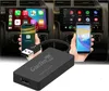 A collage showing a Carlinkit adapter connecting a smartphone to a car's infotainment system, demonstrating both Apple CarPlay and Android Auto functionality. Produktbild-Vorschau