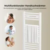 A collage of lifestyle images showing people using towels, alongside a product image of a white towel warmer. Voir les images du produit