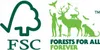 The image shows two logos. The left logo is green and white with the letters FSC. The right logo is green and shows various animals and people in a forest setting with the text "FORESTS FOR ALL FOREVER". Anteprima dell’immagine prodotto