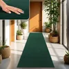 A hand touching a green rug in a hallway with plants and doors. Produktbild-Vorschau